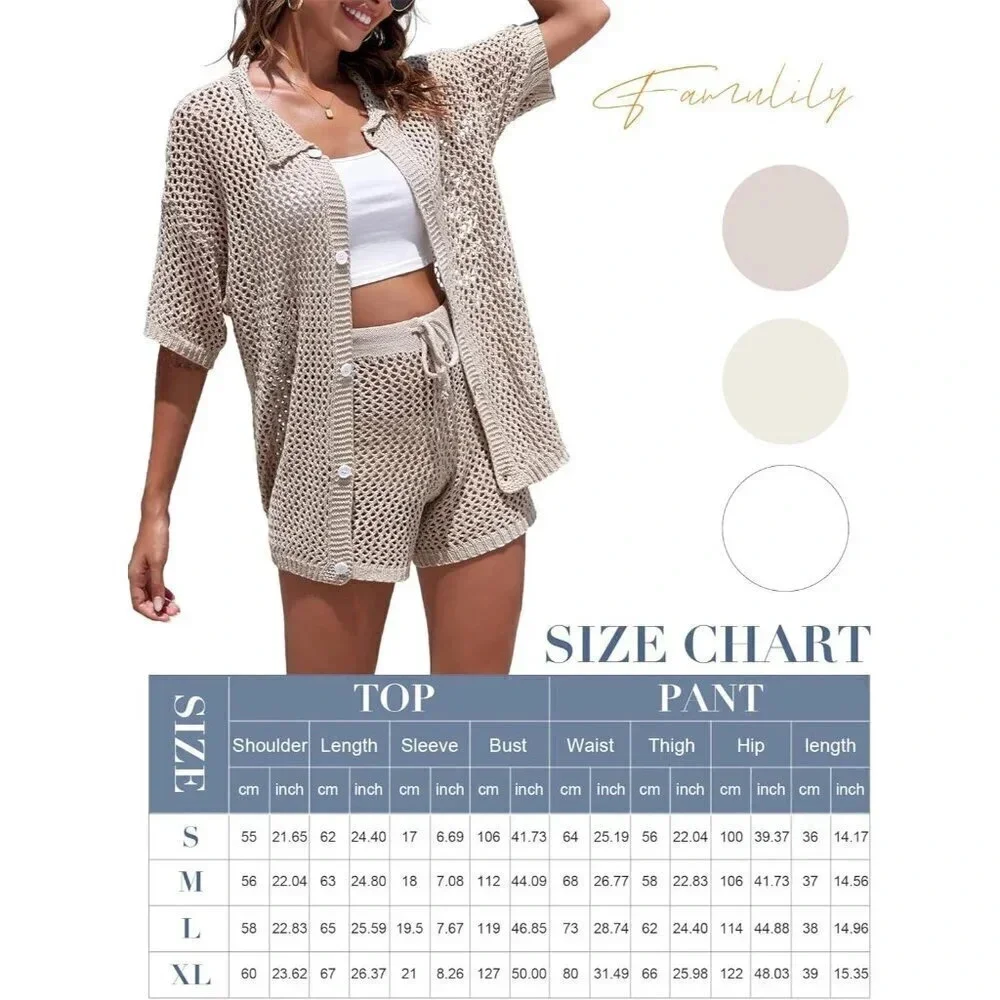 2 Piece Shorts Set for Women Sexy Hollow Out Swimsuit Cover Up Button Down Shirt - Picture 6 of 6
